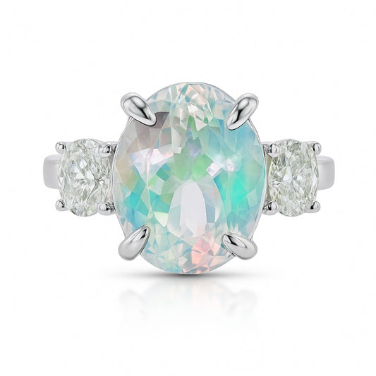 14K 6.12ct Oval Moonstone 0.55cttw VS White Diamonds Ring