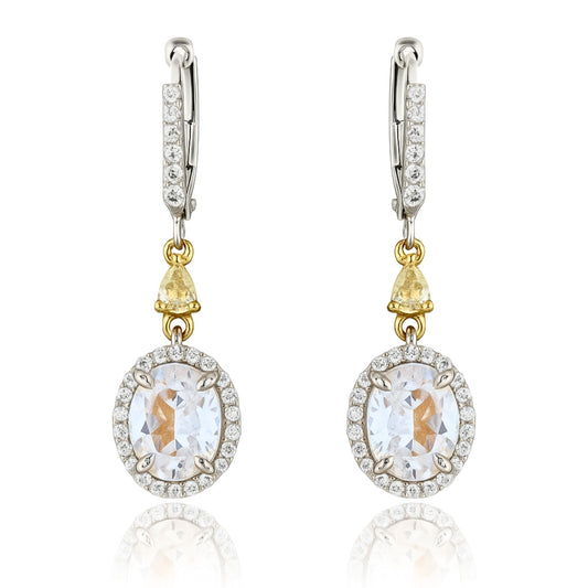 14K 3.35ct Oval Moonstone 0.76cttw VS Yellow & White Diamonds Drop Earrings