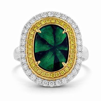 14K 3.25ct Trapiche Emerald 0.70cttw Yellow & White Diamonds Ring