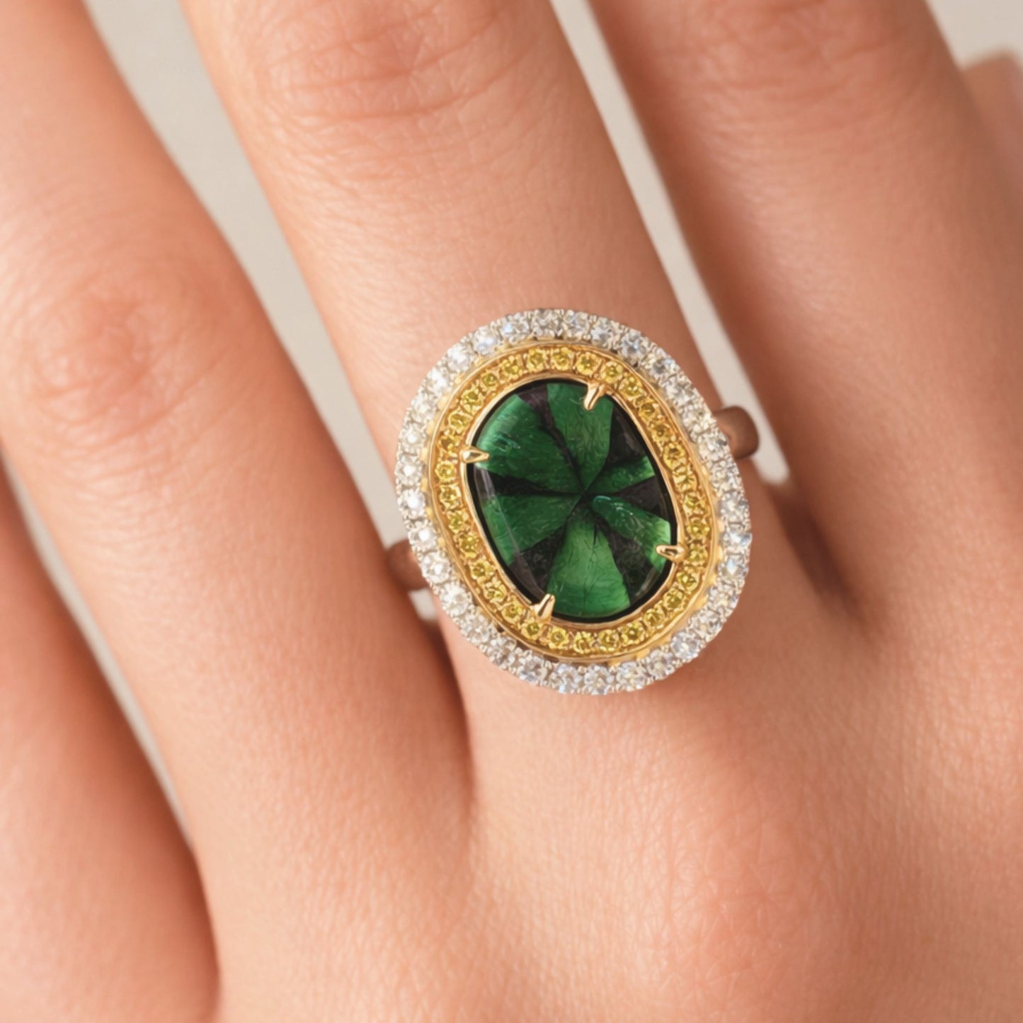 14K 3.25ct Trapiche Emerald 0.70cttw Yellow & White Diamonds Ring