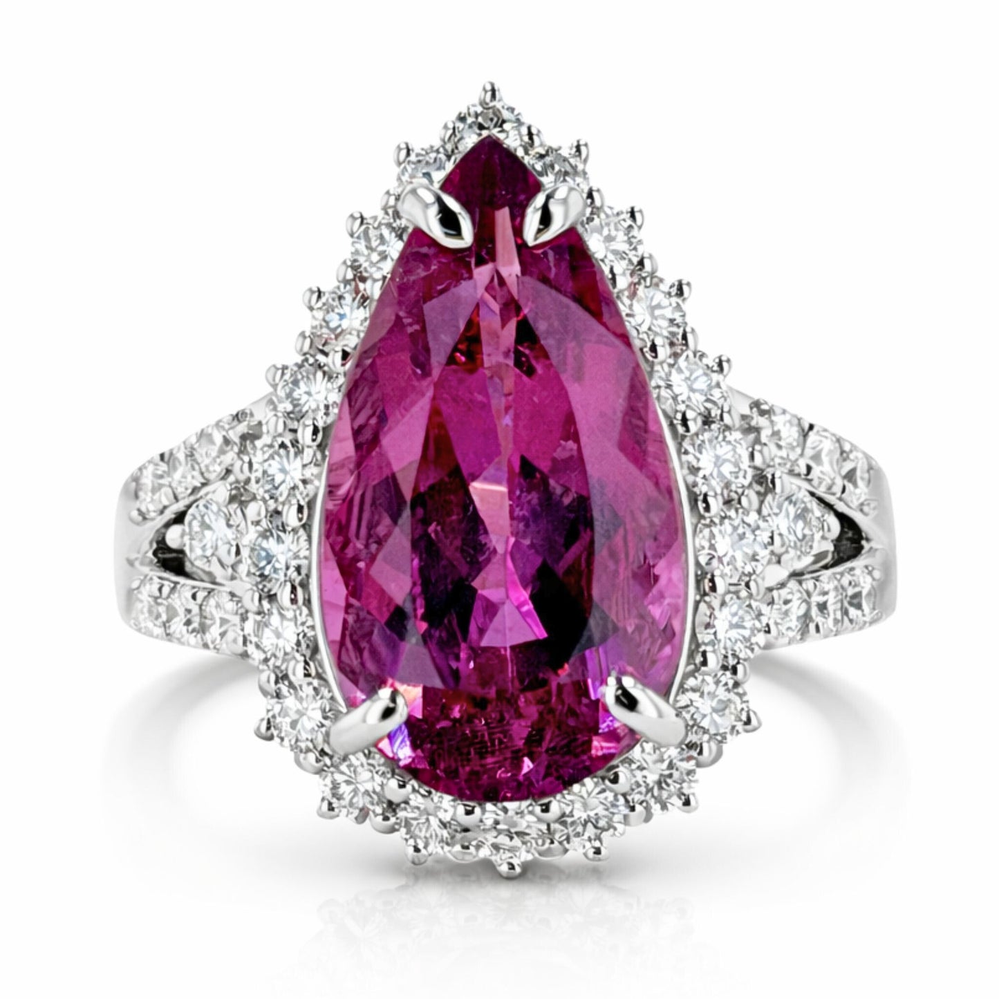 14K 6.80ct Pear Shape Copper Bearing Tourmaline 1.29cttw VS White Diamonds Ring