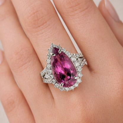 14K 6.80ct Pear Shape Copper Bearing Tourmaline 1.29cttw VS White Diamonds Ring