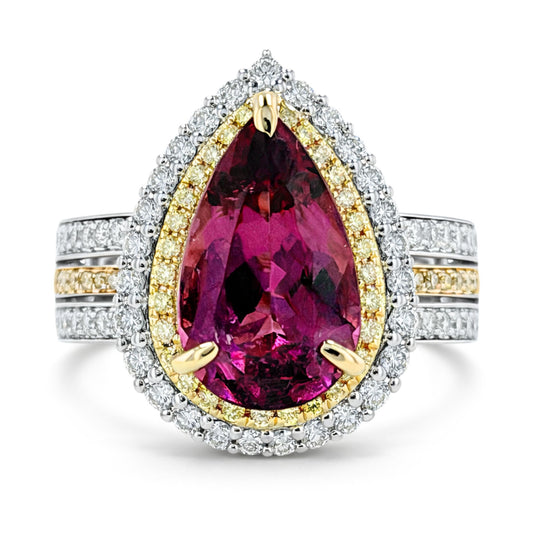 14K 2.45ct Pear Shape Copper Bearing Tourmaline 1.08cttw Yellow & White Diamonds Ring