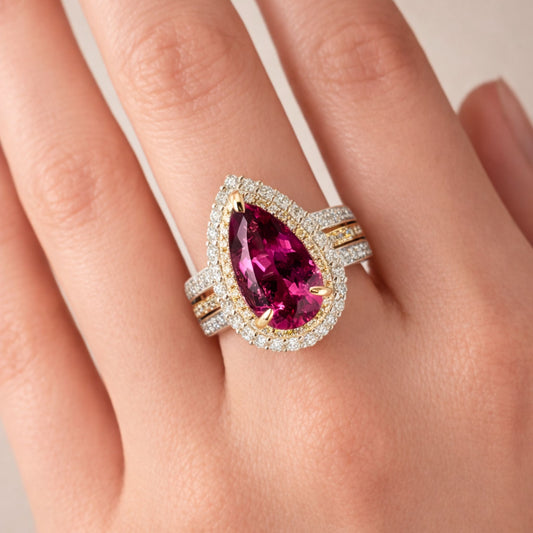 14K 2.45ct Pear Shape Copper Bearing Tourmaline 1.08cttw Yellow & White Diamonds Ring