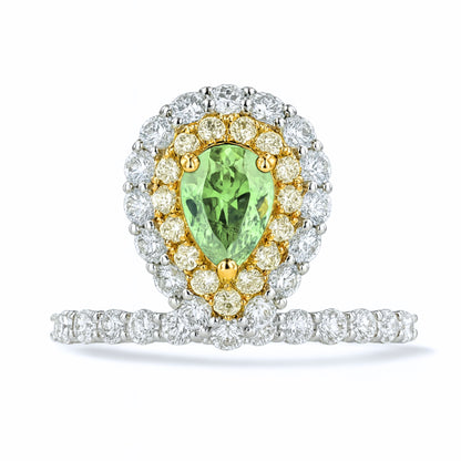 14K 0.90ct Pear Shape Green Kornerupine 1.69cttw VS Yellow & White Diamonds Ring