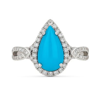 14K 2.16ct Pear Shape Sleeping Beauty Turquoise 0.44cttw White Diamonds Ring