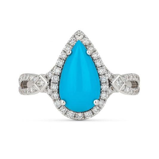14K 2.16ct Pear Shape Sleeping Beauty Turquoise 0.44cttw White Diamonds Ring