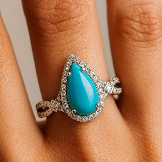 14K 2.16ct Pear Shape Sleeping Beauty Turquoise 0.44cttw White Diamonds Ring