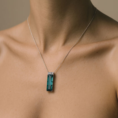 14K 8.28ct Radiant Cut Indicolite 0.20cttw VS White Diamonds Pendant