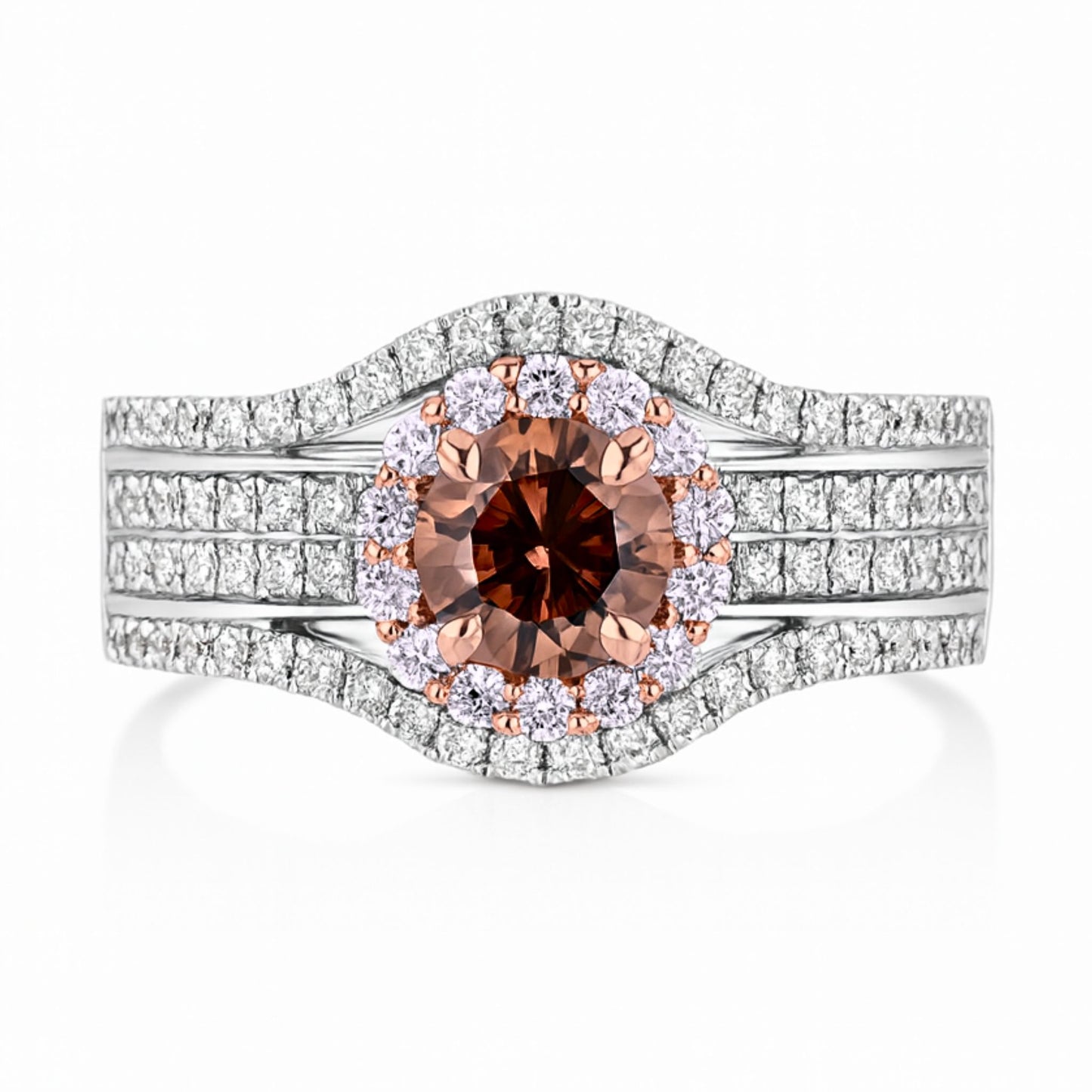 14K 1.01ct Round VS Fawn Diamond 0.97cttw VS Pink and White Diamonds Ring