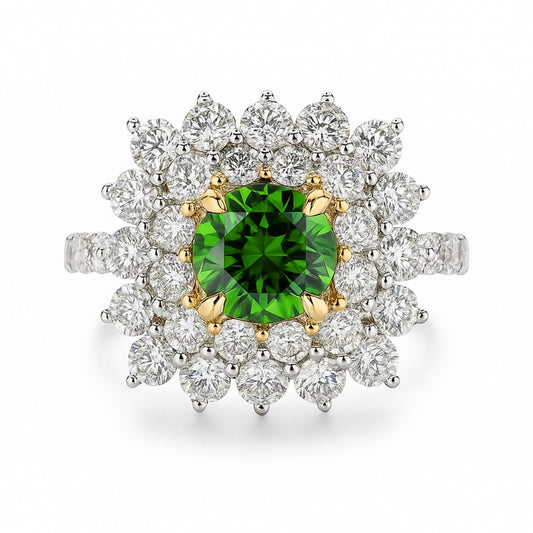 14K 1.20ct Round Russian Demantoid 1.96cttw VS White Diamonds Ring