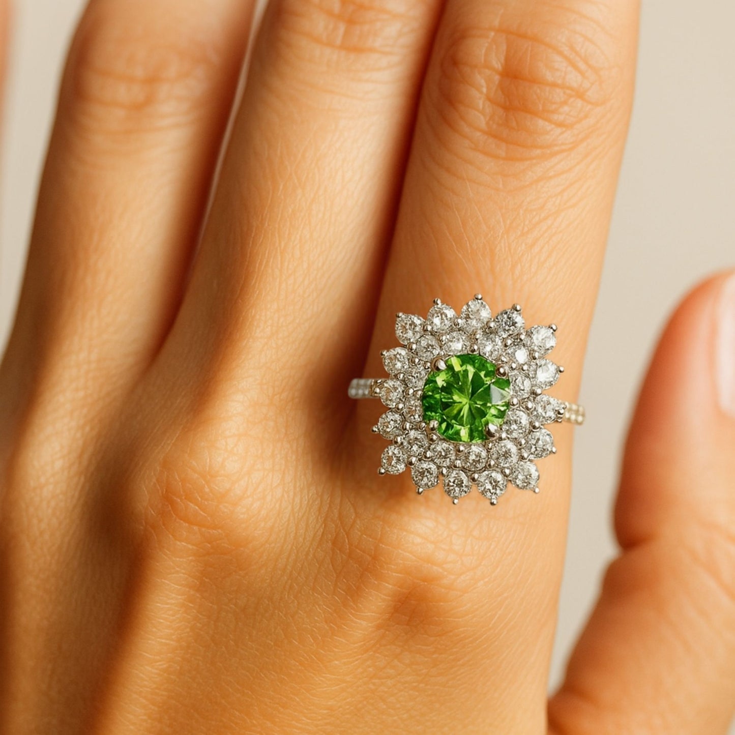 14K 1.20ct Round Russian Demantoid 1.96cttw VS White Diamonds Ring