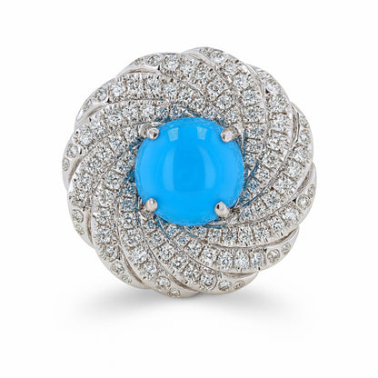 14K 3.44ct Round Sleeping Beauty Turquoise 0.99cttw VS White Diamonds Ring