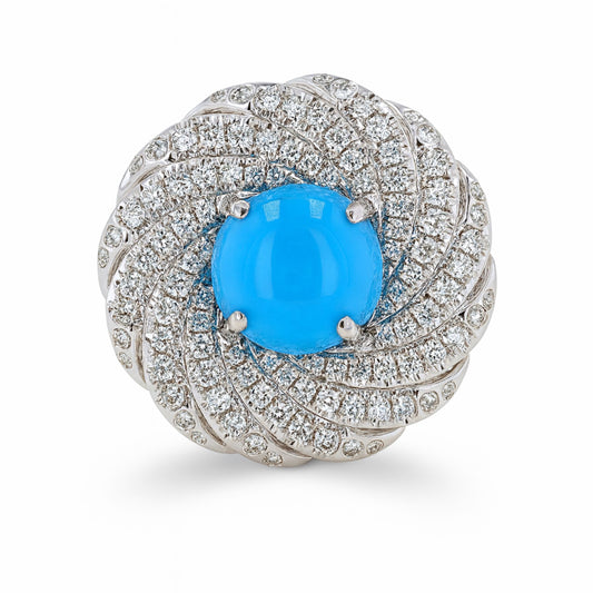 14K 3.44ct Round Sleeping Beauty Turquoise 0.99cttw VS White Diamonds Ring