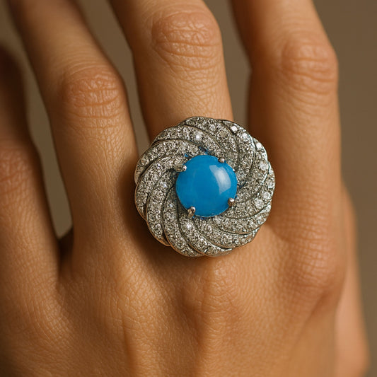 14K 3.44ct Round Sleeping Beauty Turquoise 0.99cttw VS White Diamonds Ring