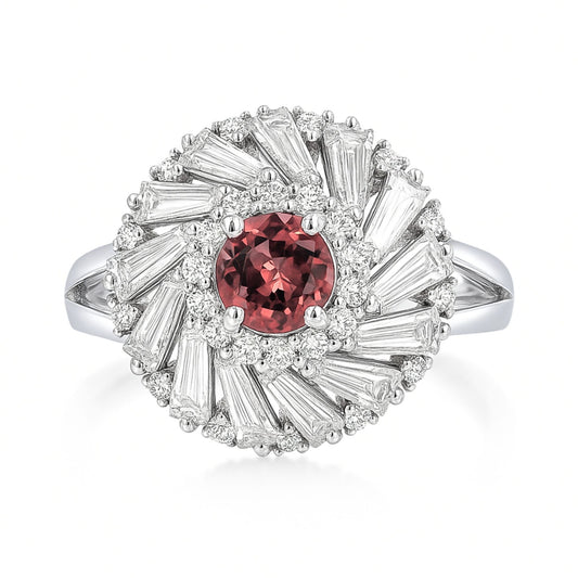 14K 1.05ct Round Unheated Padparadscha 1.68cttw VS White Diamonds Ring