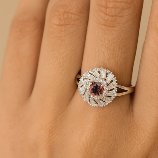 14K 1.05ct Round Unheated Padparadscha 1.68cttw VS White Diamonds Ring