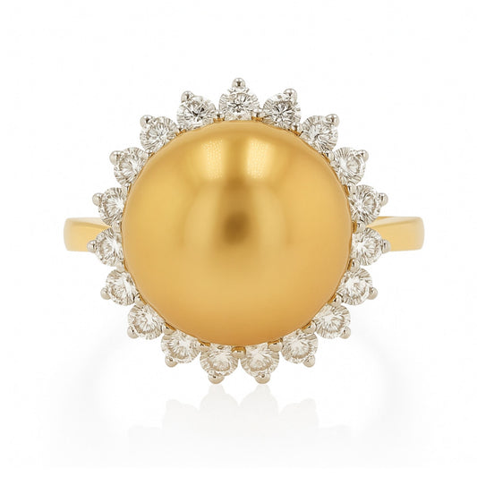 14K 13mm South Sea Golden Pearl 0.92cttw VS White Diamonds Ring