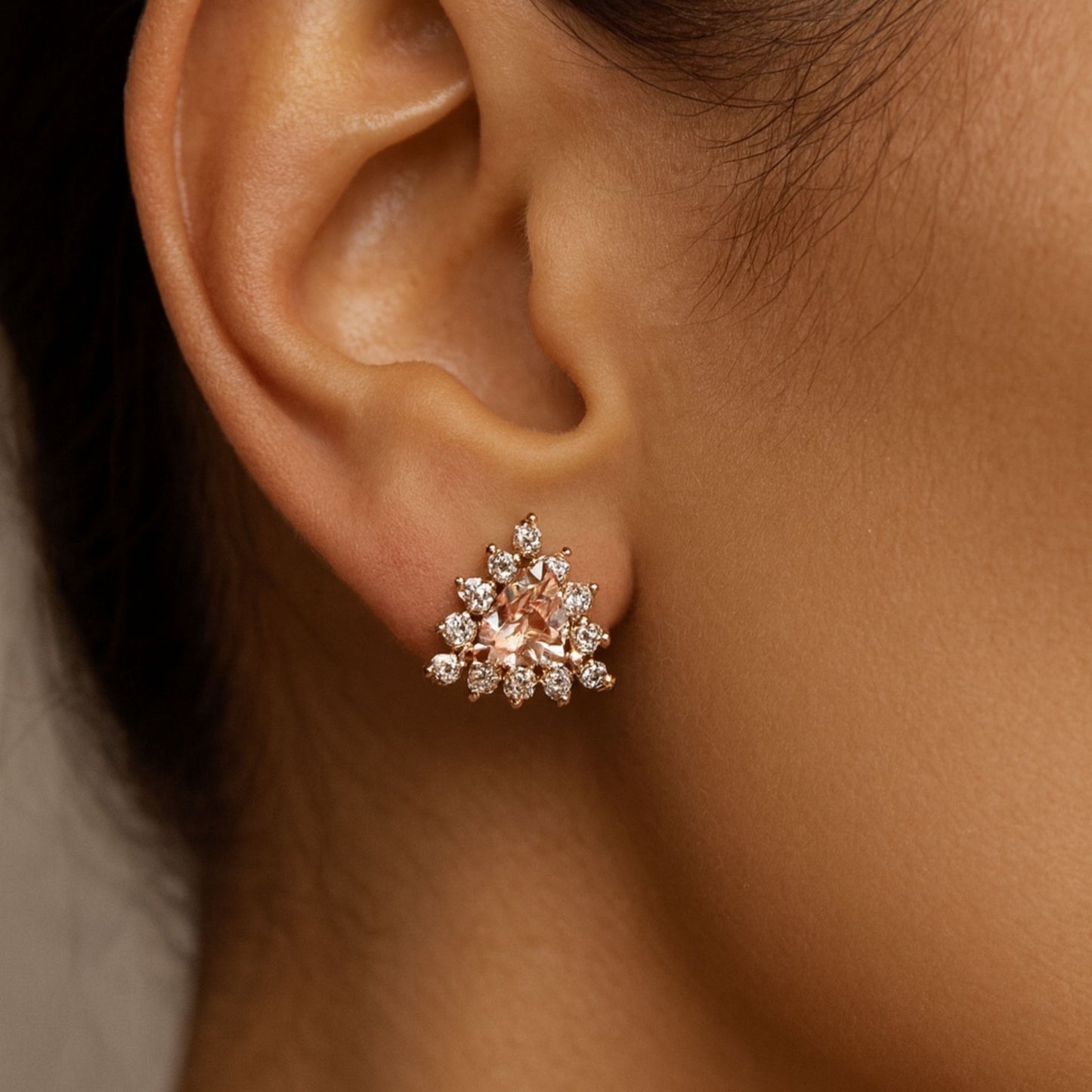 14K 0.76cttw Trilliant Morganite 0.37cttw VS White Diamonds Stud Earrings