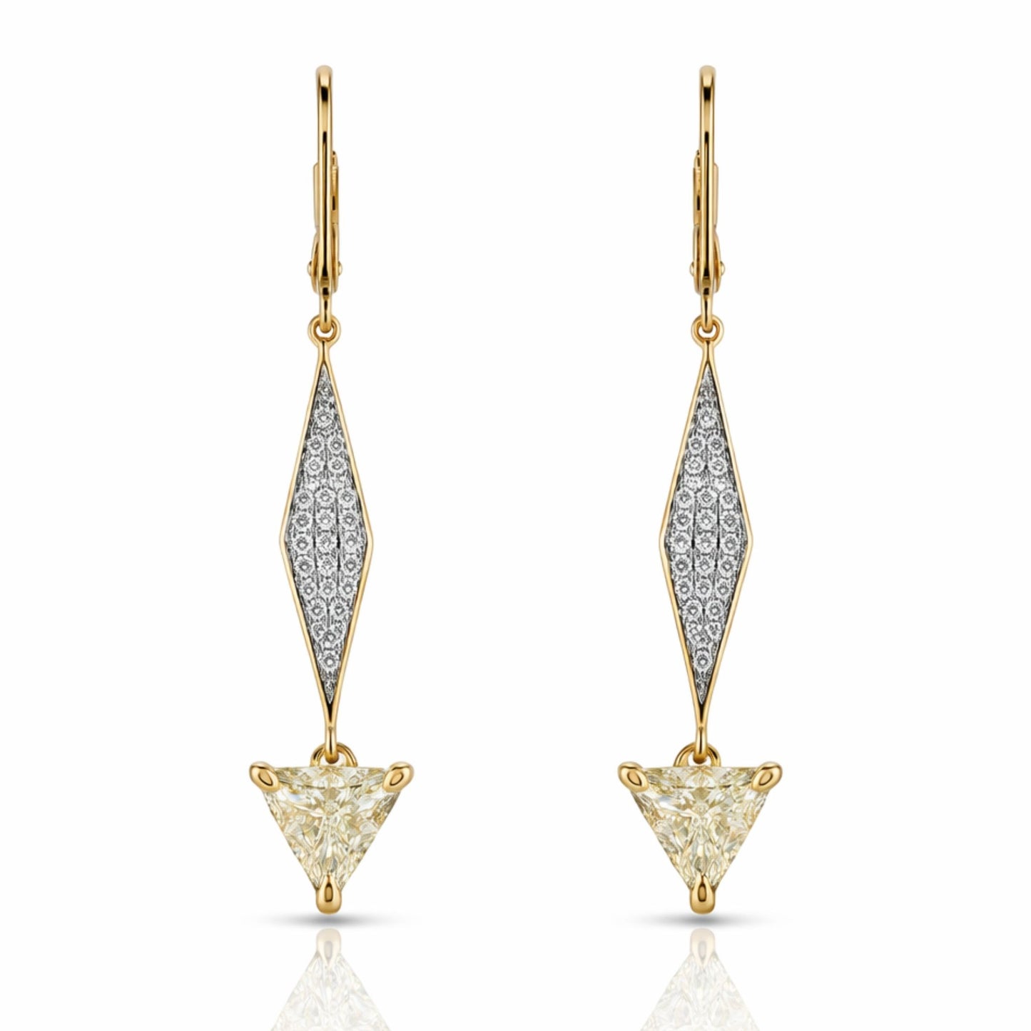 14K 1.28ct Trilliant Yellow Diamond 0.26cttw White Diamonds Drop Earrings
