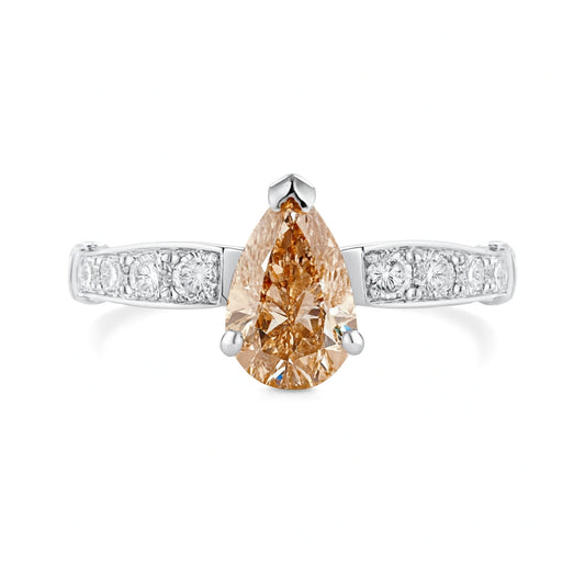 18K 1.08ct Pear Shape Fawn Diamond 0.55cttw White Diamonds Ring