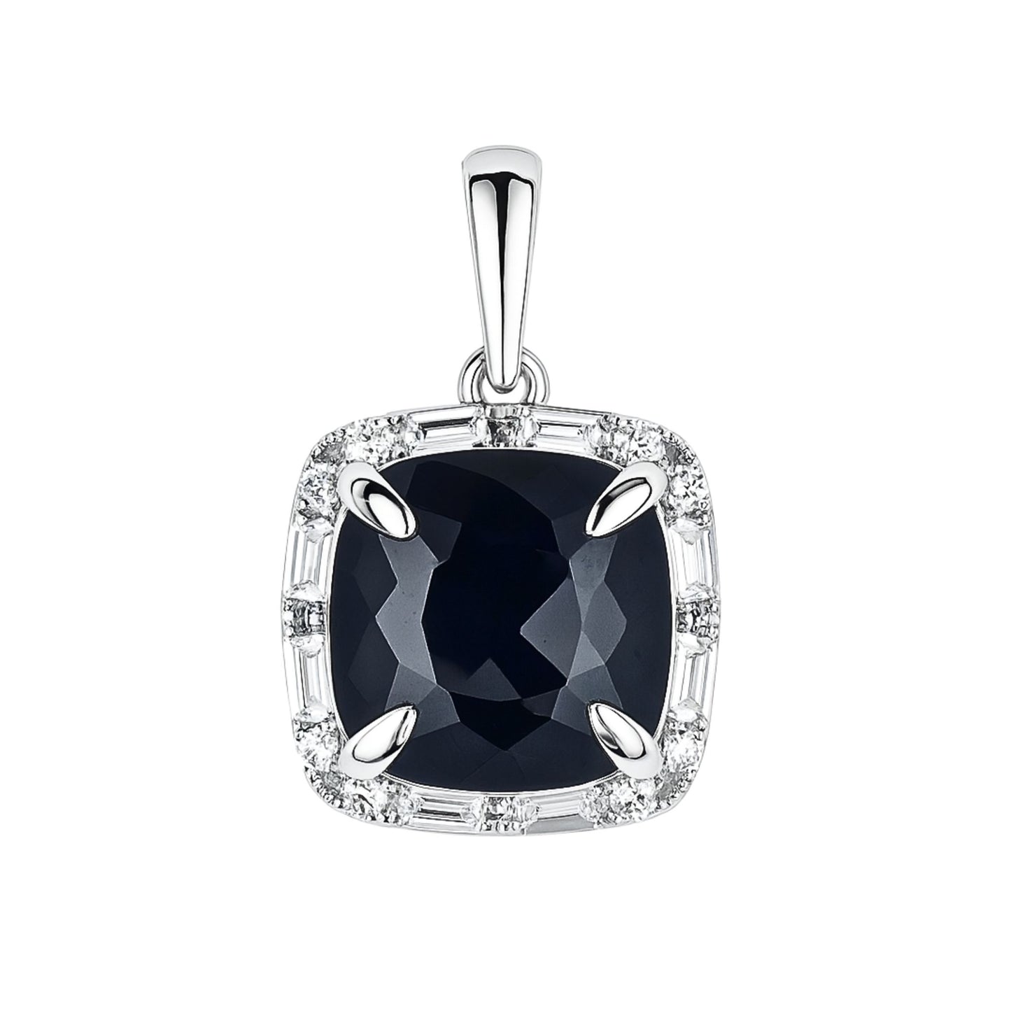 18K 1.33ct Cushion Black Diamond 0.33cttw Round and Baguette White Diamonds Pendant