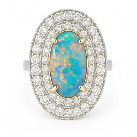 18K 1.53ct Oval Black Opal 1.43cttw VS White Diamonds Ring