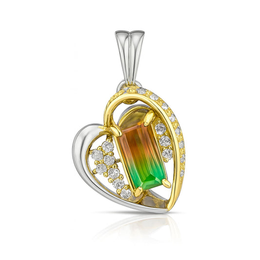 18K 1.83ct Emerald Cut Bi-Color Tourmaline 0.29cttw White Diamonds Pendant