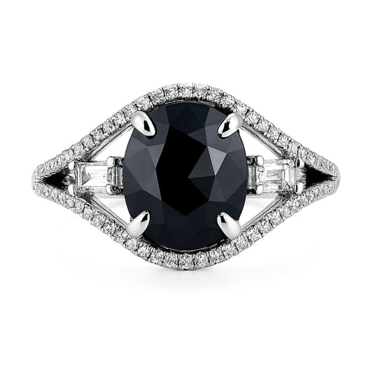 18K 1.85ct Oval Black Diamond 0.45cttw Baguette & Round White Diamonds Ring