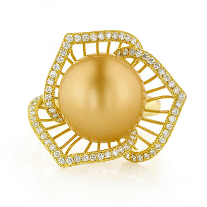 18K 14mm South Sea Golden Pearl 0.54cttw White Diamonds Ring
