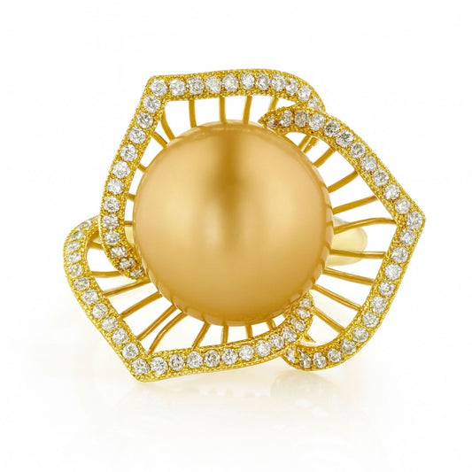 18K 14mm South Sea Golden Pearl 0.54cttw White Diamonds Ring