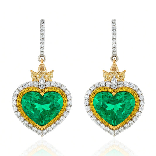 18K 18.18cttw Heart Shape Colombian Emerald 4.17cttw VS Yellow & White Diamond Drop Earrings