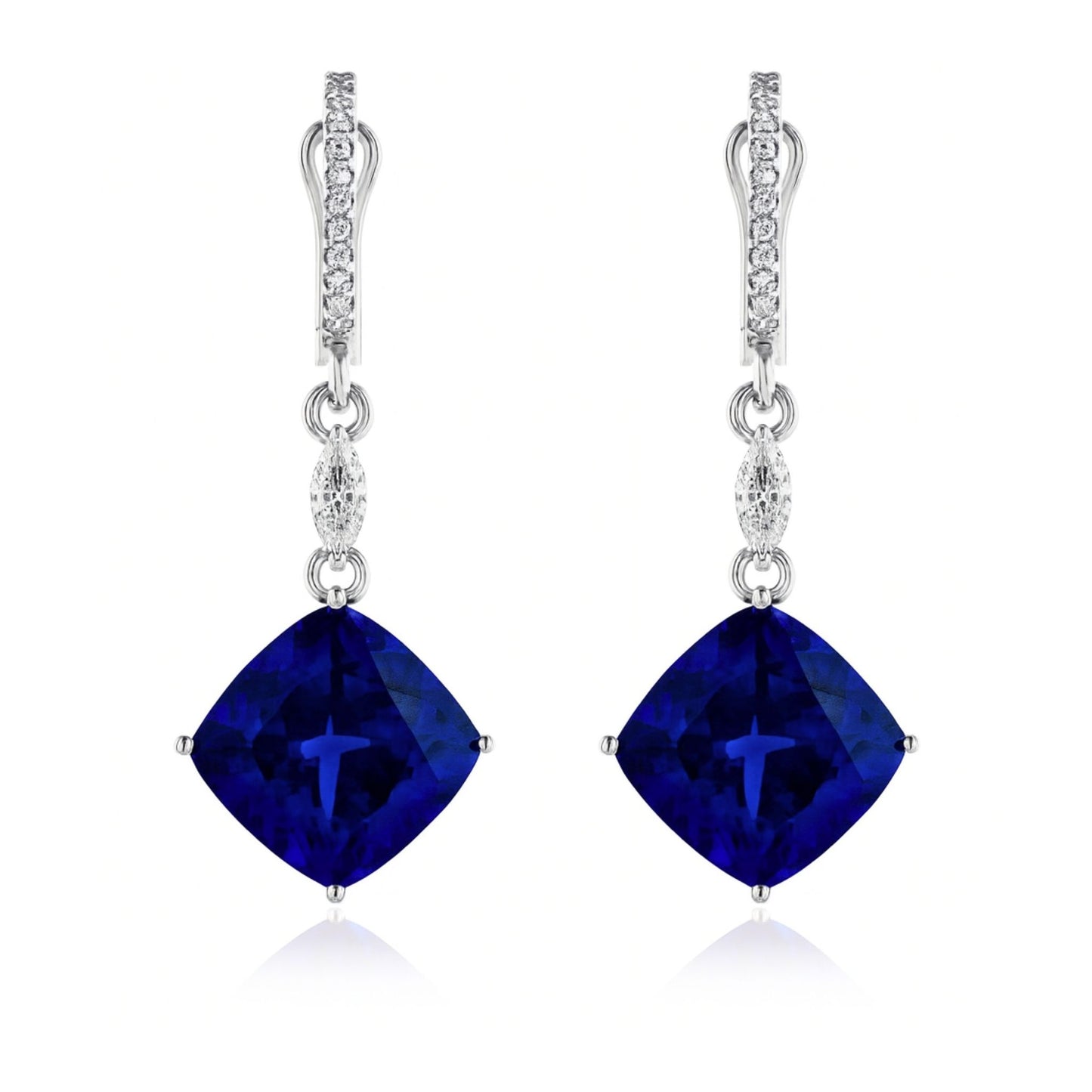 18K 18.52cttw Cushion Blue Wing Tanzanite 0.52cttw Marquise & Round VS White Diamond Drop Earrings