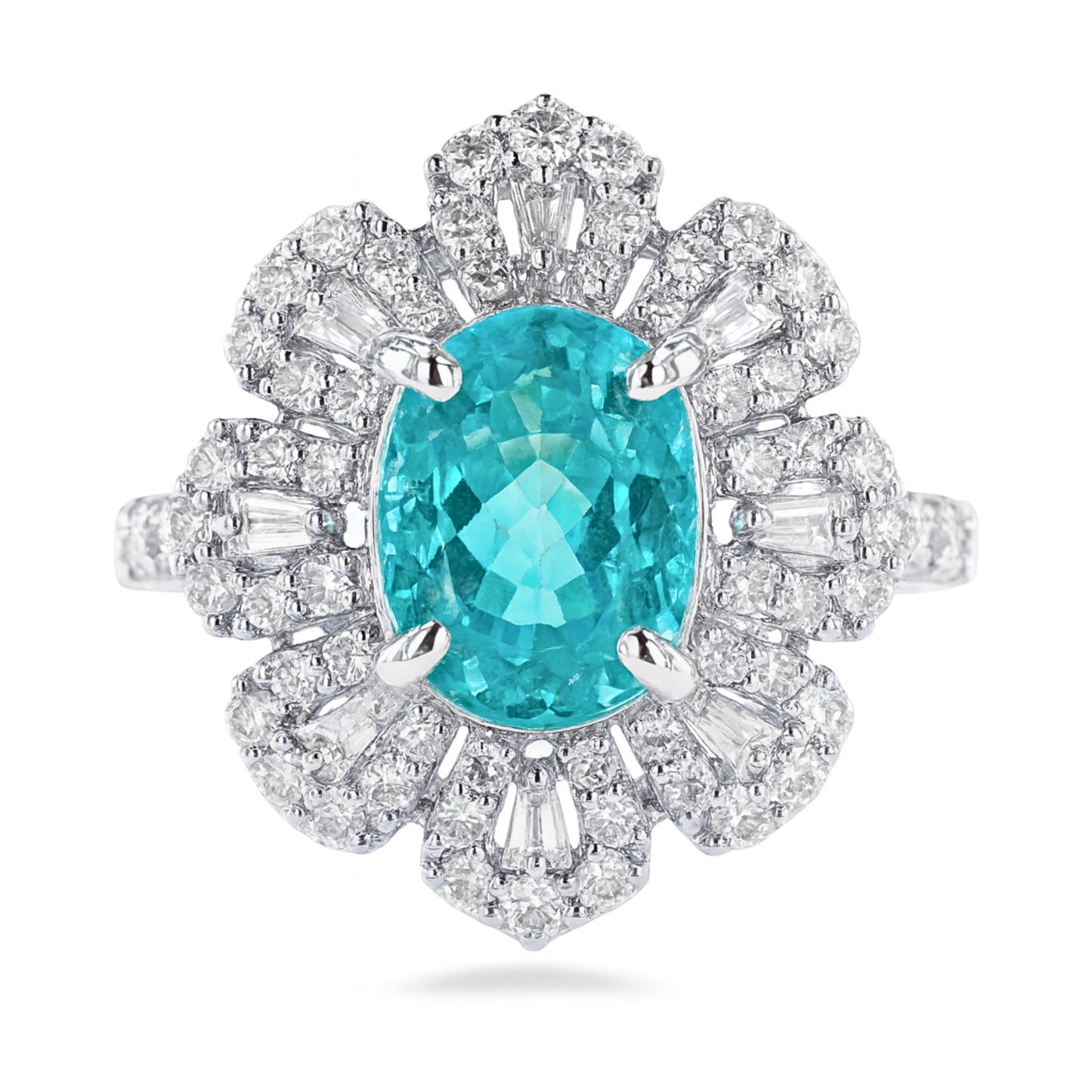 18K 2.02ct Oval Paraiba 1.04cttw Tapered Baguette & Round VS White Diamonds Ring