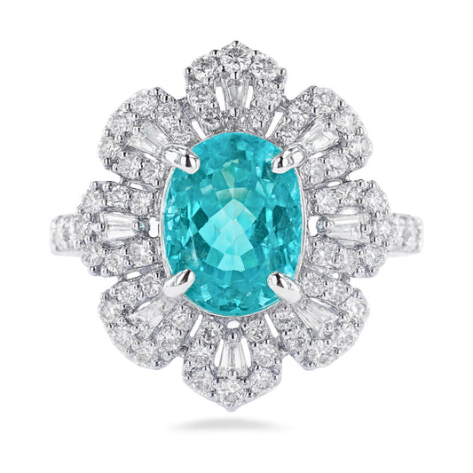18K 2.02ct Oval Paraiba 1.04cttw Tapered Baguette & Round VS White Diamonds Ring