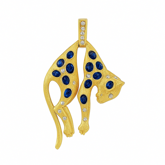 18K 2.87cttw Oval Blue Sapphire 0.29cttw White Diamonds Designer Panther Pendant