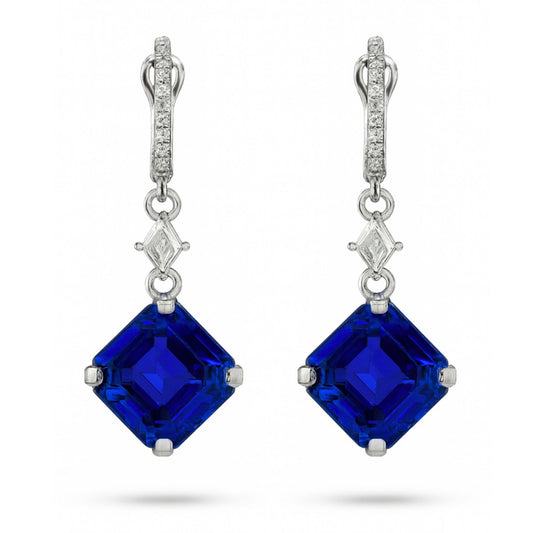 18K 21.28cttw Asscher Cut Blue Wing Tanzanite 0.64cttw VS White Diamond Drop Earrings