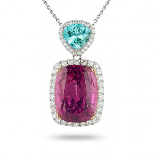 18K 21.80ct Cushion Copper Bearing Tourmaline 2.07ct Pear Shape Paraiba 1.03cttw VS White Diamonds Pendant