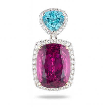 18K 21.80ct Cushion Copper Bearing Tourmaline 2.07ct Pear Shape Paraiba 1.03cttw VS White Diamonds Pendant
