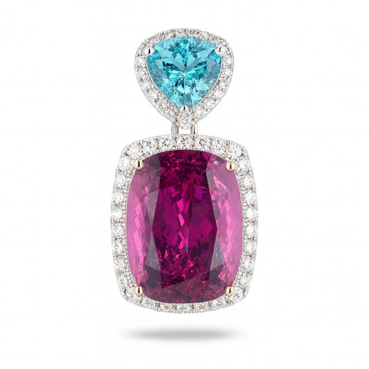 18K 21.80ct Cushion Copper Bearing Tourmaline 2.07ct Pear Shape Paraiba 1.03cttw VS White Diamonds Pendant