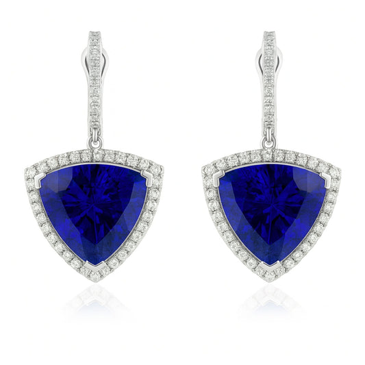 18K 26.10cttw Trilliant Blue Wing Tanzanite 1.00cttw VS White Diamonds Drop Earrings