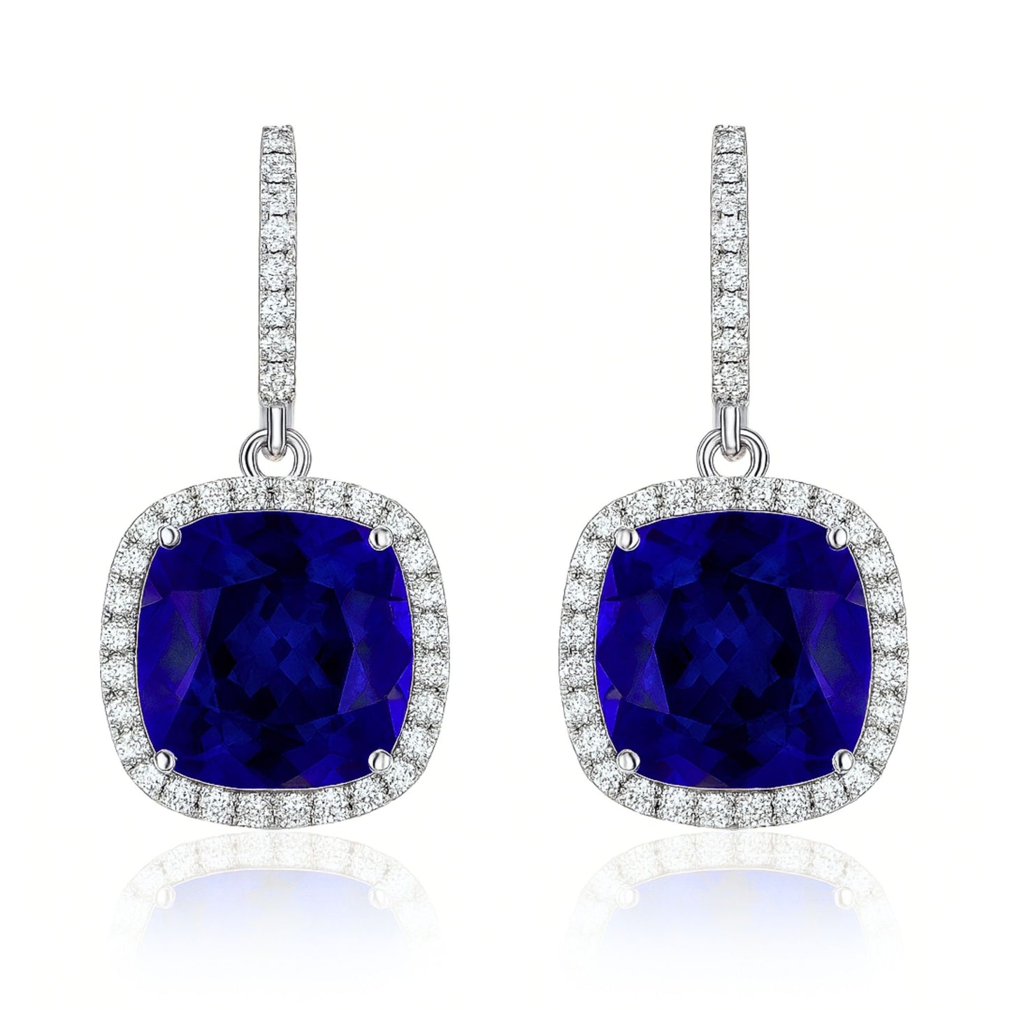 18K 26.31cttw Cushion Blue Wing Tanzanite 1.24cttw VS White Diamonds Drop Earrings