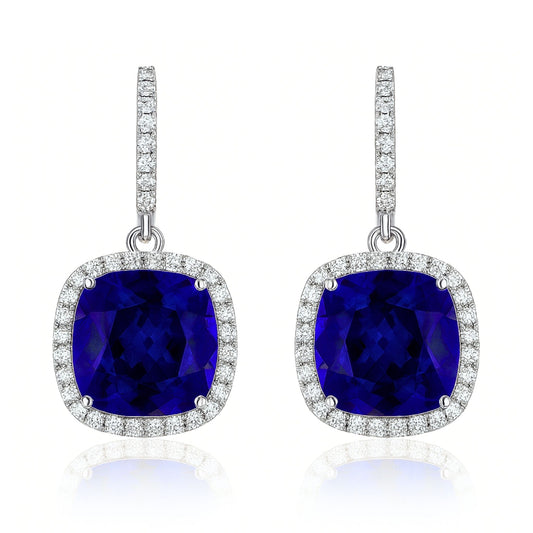 18K 26.31cttw Cushion Blue Wing Tanzanite 1.24cttw VS White Diamonds Drop Earrings