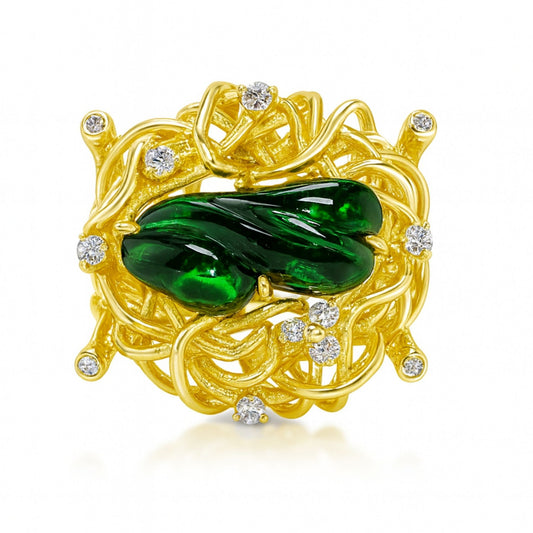 18K 3.63ct Fancy Cut Green Tourmaline 0.19cttw White Diamonds Ring