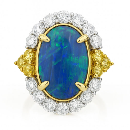 18K 4.05ct Oval Black Opal 1.44cttw VS Yellow & White Diamonds Ring