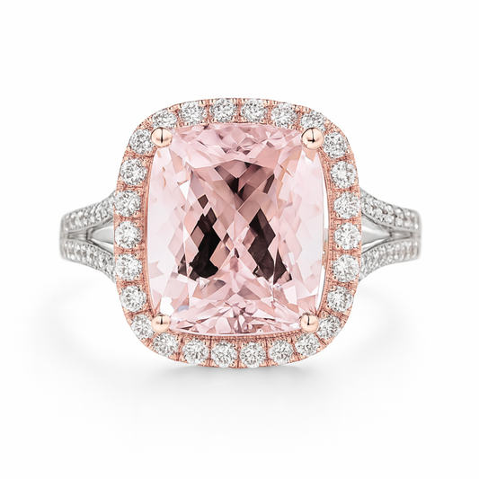 18K 4.52ct Cushion Pink Morganite 0.87cttw White Diamonds Ring