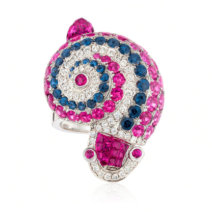 18K 6.90cttw Multi-Color Sapphire, Ruby, and White Diamonds Snail Ring