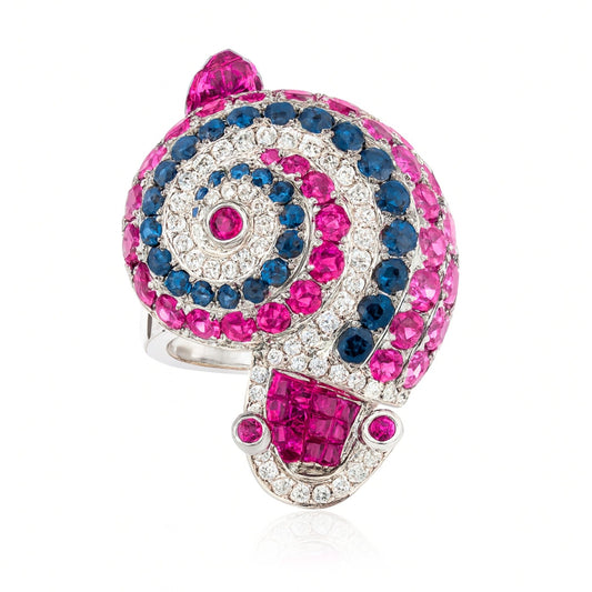 18K 6.90cttw Multi-Color Sapphire, Ruby, and White Diamonds Snail Ring