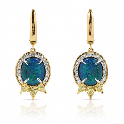 18K 8.78cttw Oval Black Opal 2.13cttw VS Yellow & White Diamonds Drop Earrings