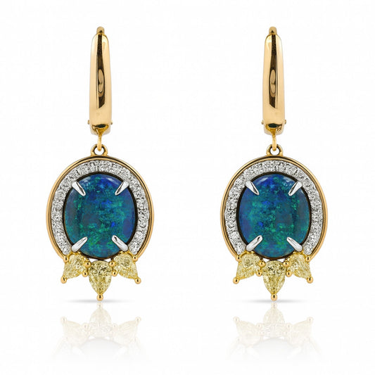 18K 8.78cttw Oval Black Opal 2.13cttw VS Yellow & White Diamonds Drop Earrings